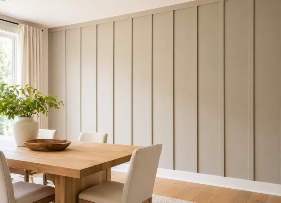 Warm neutral board and batten feature wall in a dining room