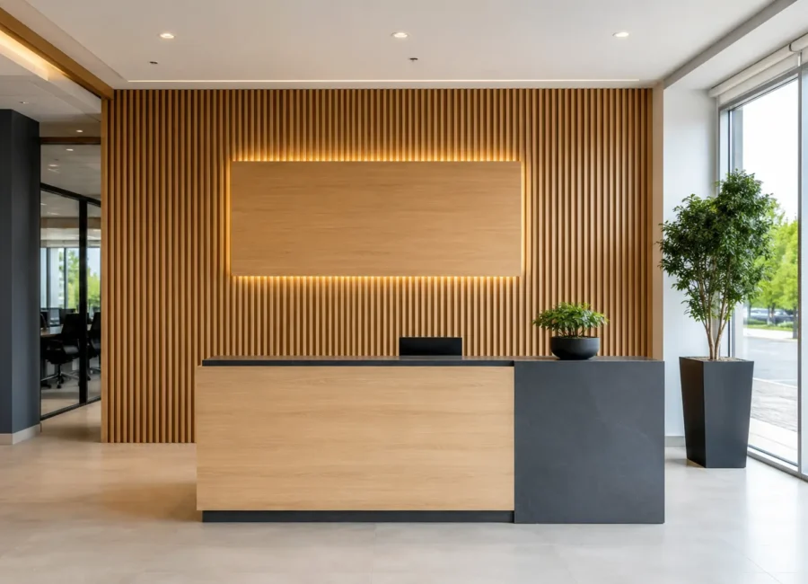 Oak slat feature wall behind a modern commercial reception desk