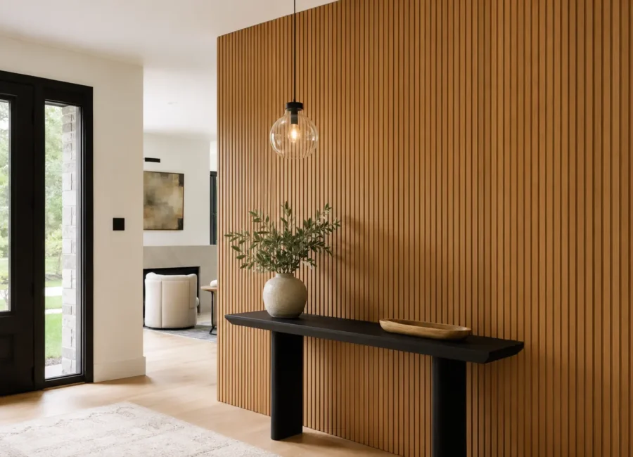 Warm oak fluted wall panels in a residential entryway
