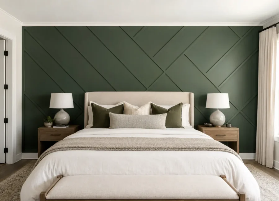 Deep green geometric trim accent wall behind a bed