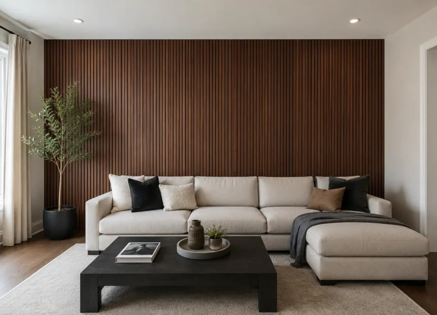 Walnut vertical slat feature wall in a modern living room