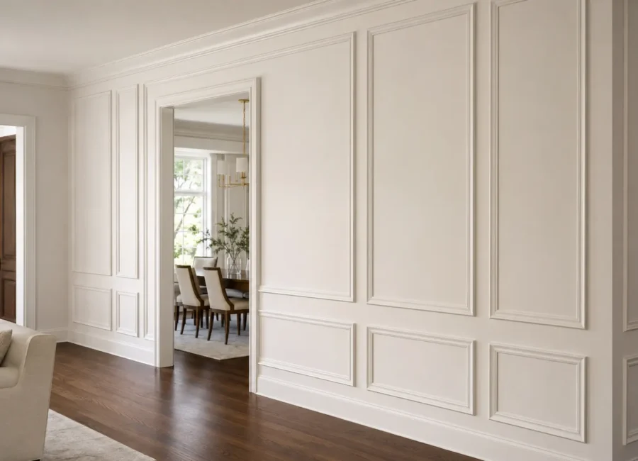 Full-height picture-frame moulding on a warm white interior wall