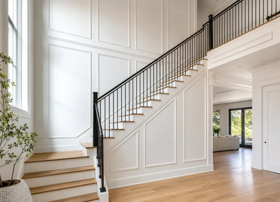 Two-storey staircase wall with full-height picture-frame moulding